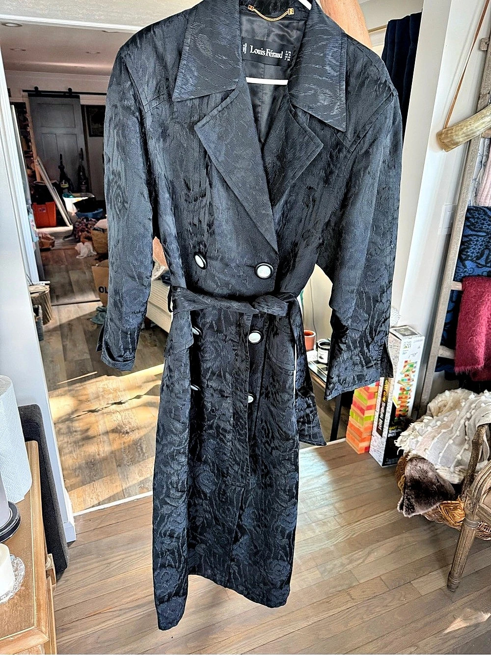 Louis Féraud Black Jacquard Trench Coat Size Medium Like New
